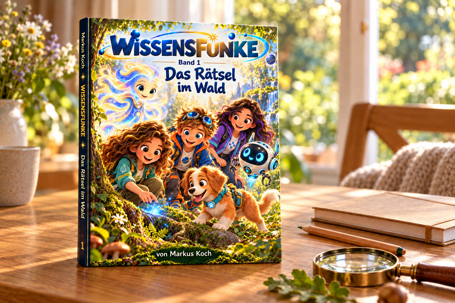 Buch-Mockup von „Das Rätsel im Wald“: Cover und dunkelblauer Buchrücken mit goldener Schrift auf einem Holztisch.
