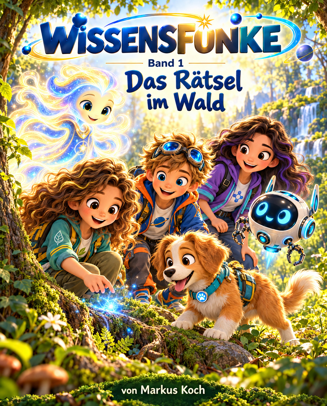 Originalcover mit Mila, Ben, Ada, Lupo, Dr. Funke und NOVA im Wald.